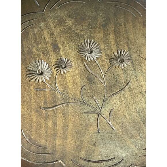 Vintage Handcarved Tray Wooden MCM Minimalist Decorative Round Brown Floral Dish - Picture 4 of 7